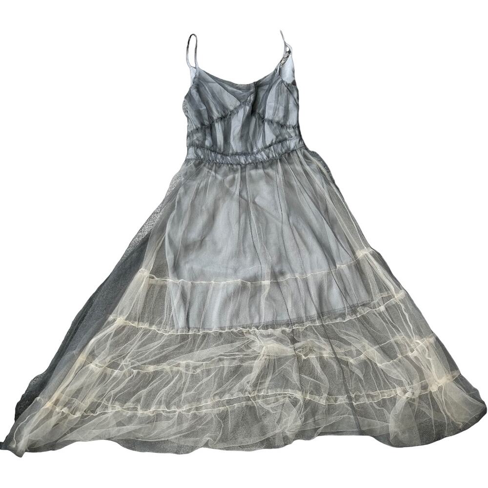 EUC Layered Silver Cream Tulle Semi Sheer Tea Length Dress Size XS